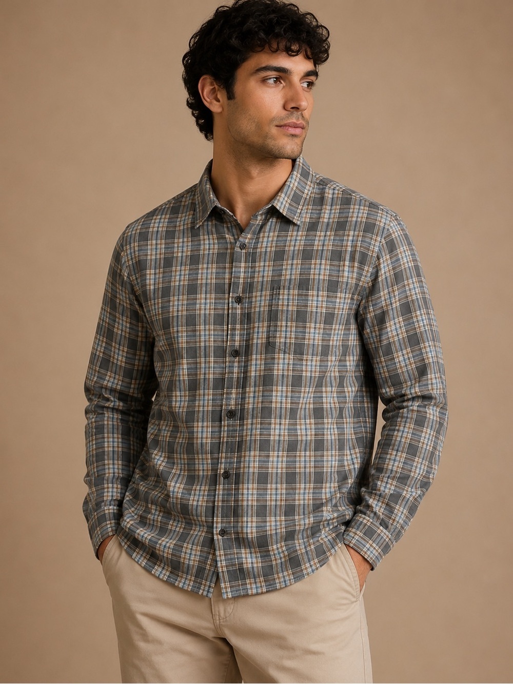 Faded Glory Men’s Gray Blue Brown Plaid Long Sleeve Shirt Size L